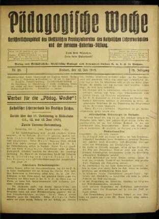 Katholischer Lehrerverband des Deutschen Reiches : Bericht über den 17. Vertretertag in Hildesheim (11., 12. und 13. Juni 1919) ; zweite Vertreter-Versammlung