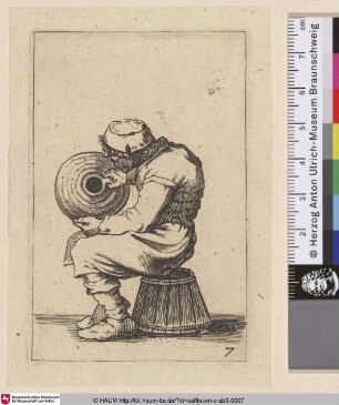 [Sitzender junger Mann in einen großen Krug hineinschauend; Seated youth in left profile holding a large jug]