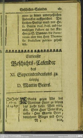 Curieuser Geschichts-Calender Des XI. Superintendentens zu Leipzig D. Martin Geiers