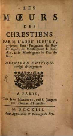 Les moeurs des Chrestiens