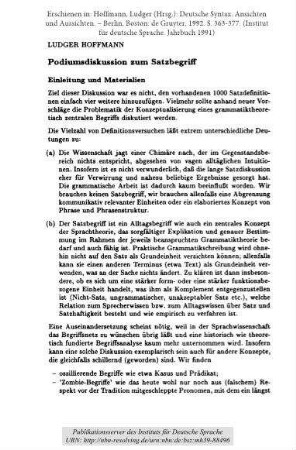 Podiumsdiskussion zum Satzbegriff. Einleitung und Materialien