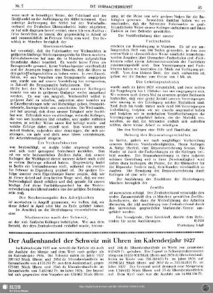 Der Außenhandel der Schweiz mit Uhren im Kalenderjahr 1927