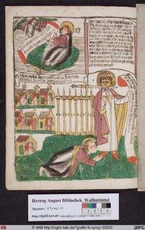 Oben: Johannes auf der Insel Patmos. Unten: Der Auftrag an Johannes (Offenb. 1,9).