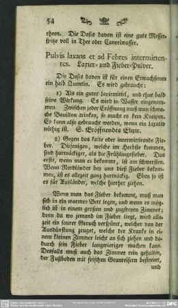 Pulvis laxans et ad Febres intermittentes. Laxier- und Fieber-Pulver