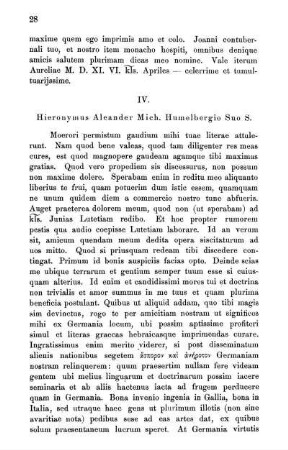 IV. Hieronymus Aleander Mich. Humelbergio Suo S.