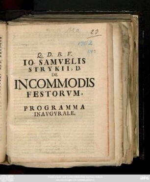 Io. Samvelis Strykii, D. De Incommodis Festorvm : Programma Inavgvrale ; [Halæ Magdeb. ...]