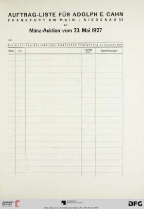 Auftrag-Liste für Adolph E. Cahn