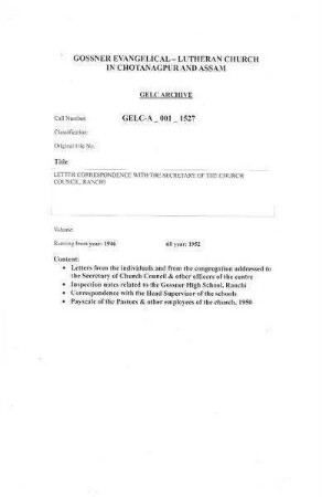 LETTER CORRESPONDENCE WITH THE SECRETSRY OF CHURCH COUNCIL, RANCHI