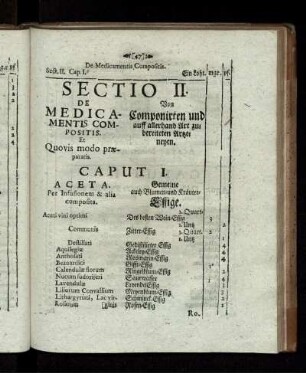 Sectio II. De Medicamentis Compositis. Et Quovis praeparatis. Von Componirten und auff allerhand Art zubereiteten Artzeneyen