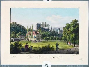 Das Bad (Kaltwasser-Heilanstalt) in Tharandt mit der Berg- und Stadtkirche und der Burgruine im Hintergrund