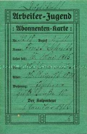 Abonnenten-Ausweis für die Zeitschrift "Arbeiter-Jugend"