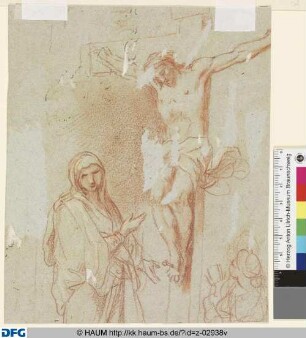 Christus am Kreuz mit der stehenden Maria und einer knienden Figur