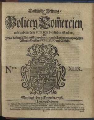 Nro. XLIX, Montags, den 3. Decembr 1736