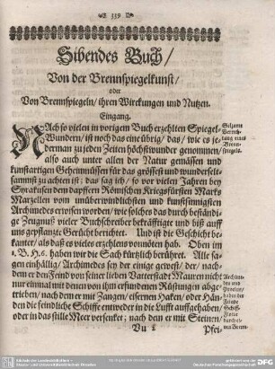 Siebendes Buch/ Von der Brennspiegelkunst/ oder Von Brennspiegeln/ ihren Wirckungen und Nutzen.