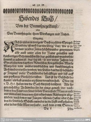 Siebendes Buch/ Von der Brennspiegelkunst/ oder Von Brennspiegeln/ ihren Wirckungen und Nutzen.