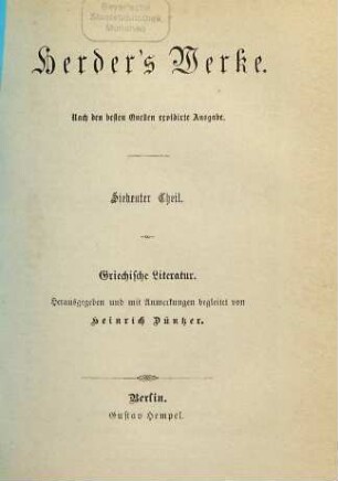 Herders Werke, 7. Griechische Literatur