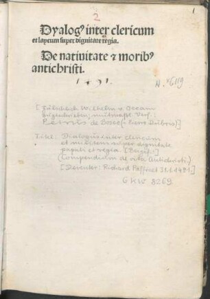 Dyalog[us] inter clericum et laycum super dignitate regia. De natiuitate [et] morib[us] antichristi.