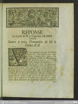 Reponse Au Livre de M. L. Capitaine Glaser intitulé Lettre à trois Demandes de M. le Conte d'A.