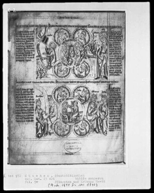 Biblia pauperum — Bildseite mit zwei Gruppen typologischer Szenen, Folio 9verso