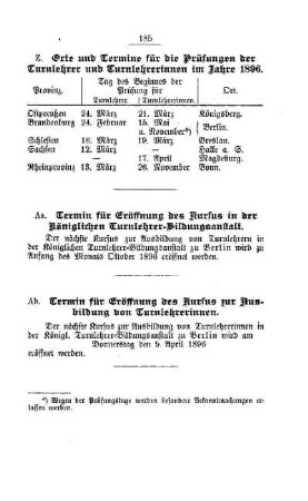 Termine für Eröffnung des Kursus in der Königlichen Turnlehrer-Bildungsanstalt