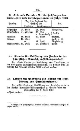 Termine für Eröffnung des Kursus in der Königlichen Turnlehrer-Bildungsanstalt