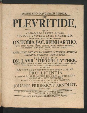 Dissertatio Inauguralis Medica, De Pleuritide