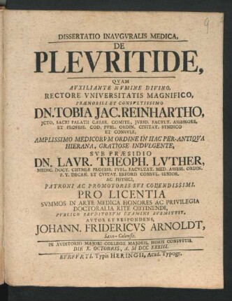 Dissertatio Inauguralis Medica, De Pleuritide