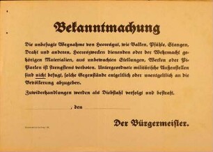 Unbefugte Wegnahme von Heeresgut (LRA Lörrach)