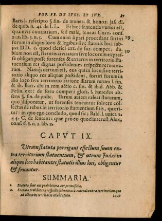 Caput IX. Utrum statuta porrigant effectum suum extra territorium statuentium, et utrum Iudaei in aliquo loco habitantes statutis illius loci, obligentur et fruantur.