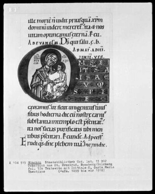 Gebetbuch aus dem Benediktinerinnenkloster Sankt Erentrud auf dem Nonnberg — Initiale O mit einer Maria Theotikos, Folio 72recto