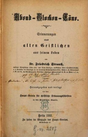 Abend-Glocken-Töne : Erinnerungen eines alten Geistlichen aus seinem Leben