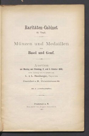 3: Münzen und Medaillen von Basel und Genf : Auction am .. 2. und 3. October 1899 ....