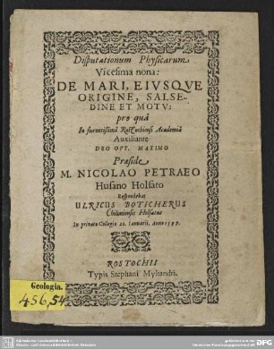 Disputationum Physicarum Vicesima nona: De Mari, Eiusque Origine, Salsedine Et Motu