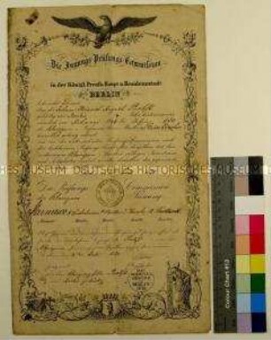 Gesellenbrief der Berliner Klempnergewerke für den Klempnergesellen Johann Heinrich August Probst aus Berlin