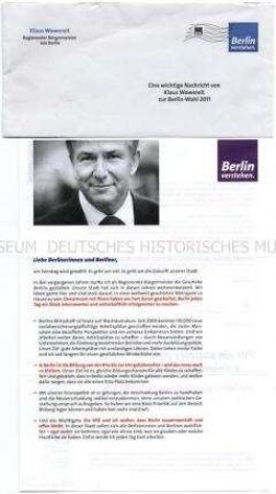 Offener Brief von Klaus Wowereit (SPD) an die Berliner zur Wahl des Berliner Abgeordnetenhauses 2011 (mit Kuvert)