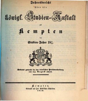 Jahresbericht über die Königl. Studien-Anstalt zu Kempten : für das Schuljahr .., 1849/50 (1850)
