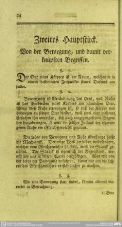 Zweites Hauptstück. Von der Bewegung, und damit verknüpften Begriffen