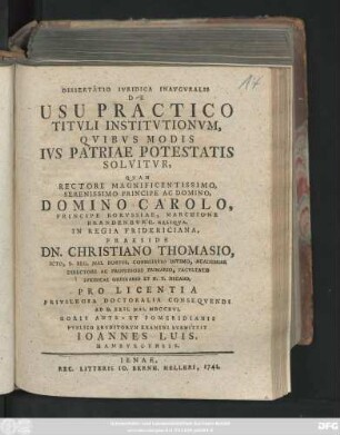 Dissertatio Ivridica Inavgvralis De Usu Practico Titvli Institvtionvm, Qvibvs Modis Ivs Patriae Potestatis Solvitvr