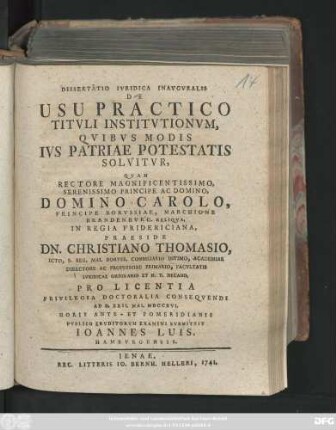 Dissertatio Ivridica Inavgvralis De Usu Practico Titvli Institvtionvm, Qvibvs Modis Ivs Patriae Potestatis Solvitvr