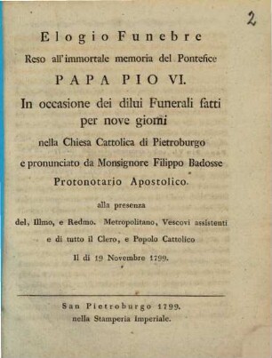 Elogio funebre reso all'immortale memoria del Pontefice Papa Pio VI.