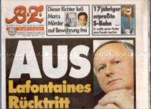 Berliner Tageszeitung "BZ" zum Rücktritt von Oskar Lafontaine als Finanzminister und SPD-Vorsitzender
