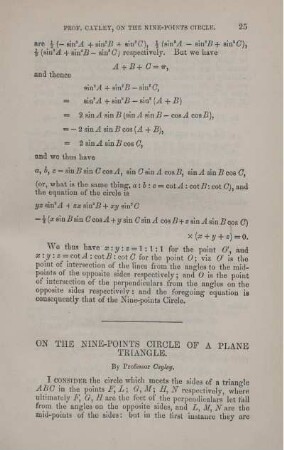 On the nine-points circle of a plane triangle.