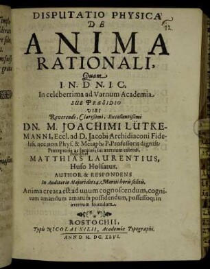 Disputatio Physica De Anima Rationali