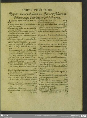Index Posterior Rerum memorabilium ex Jureconsultorum Politicorumque Doctrina praecipuè delibatorum