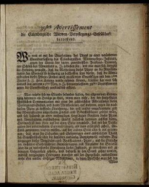 39: 39stes Avertissement, die Calenbergische Witwen-Verpflegungs-Gesellschaft betreffend
