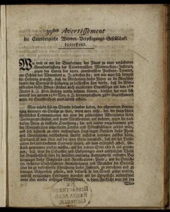 39: 39stes Avertissement, die Calenbergische Witwen-Verpflegungs-Gesellschaft betreffend