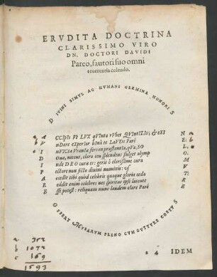 Erudita Doctrina Clarissimo Viro Dn. Doctori Davidi Pareo ...