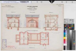 Stations-Gebäude für die Bahnhöfe Dinslaken und Empel der Köln-Mindener Eisenbahn-Gesellschaft, Blatt 3: Grundriß Kellergeschoß, Seitenansicht, Querschnitte, M. 1:100 Hge, Sknr.: 5, Fanr.: 2, Bunr.: 3