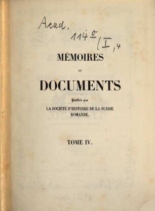 Mémoires et documents. 4. 1846
