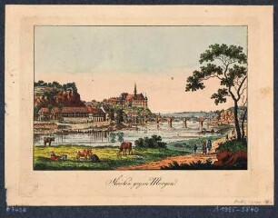 Stadtansicht von Meißen, Blick von Südosten auf die Augustusburg und die alte Elbbrücke in Steingewölbeoptik